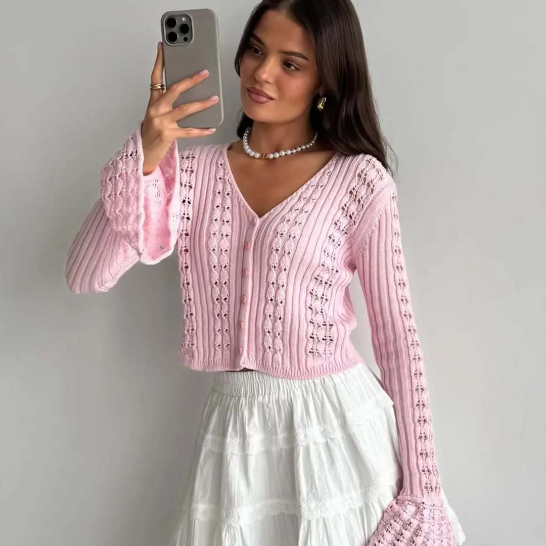 

Однобортный однобортный свитер Spice Girl с полым v-образным вырезом, шерстяной топ с длинными рукавами и рукавами ранней осени для женщин