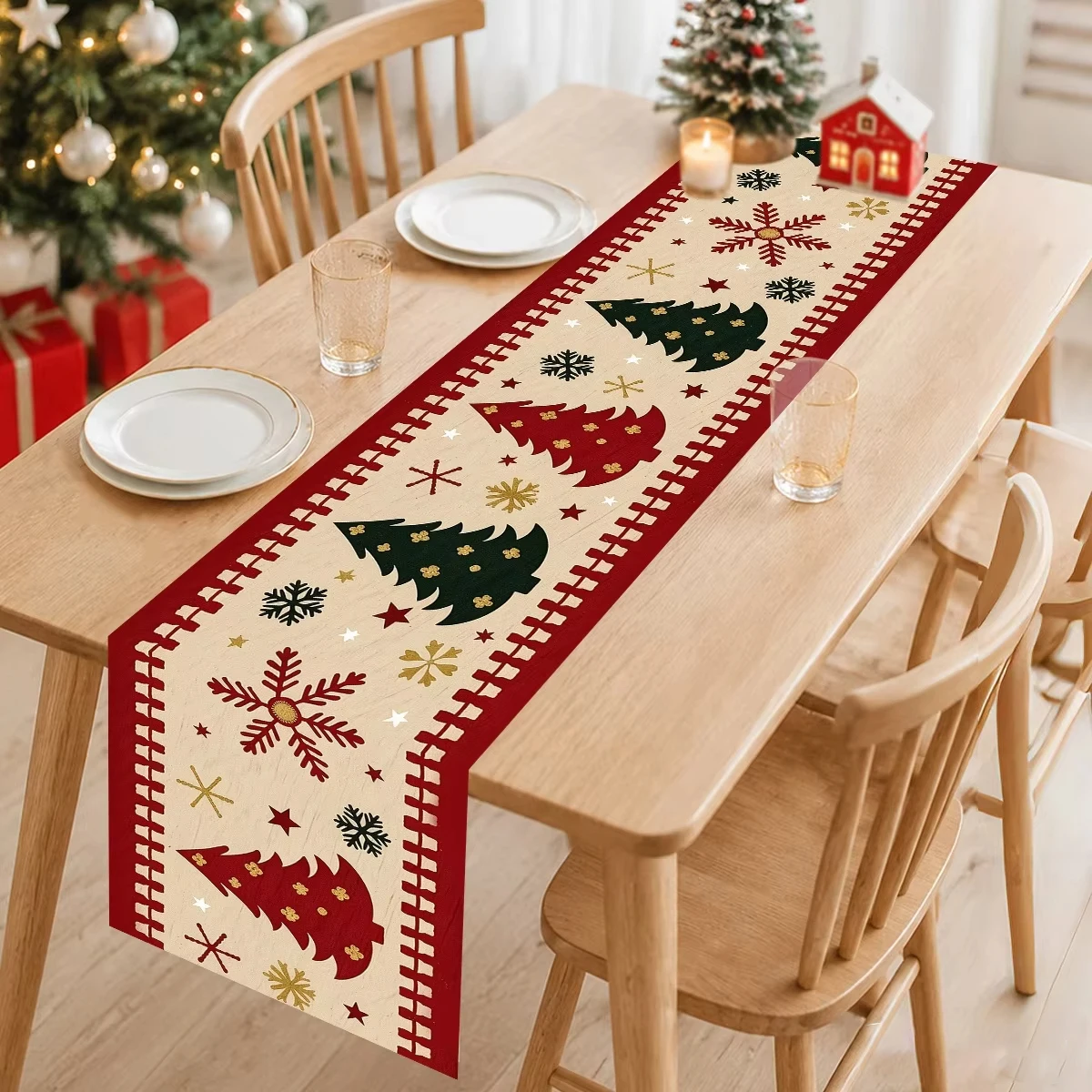 2027 New Year Christmas Xmas Tree Theme Table Runner Festival Holiday Party Decoration Reusable Kitchen Dining Home Decor