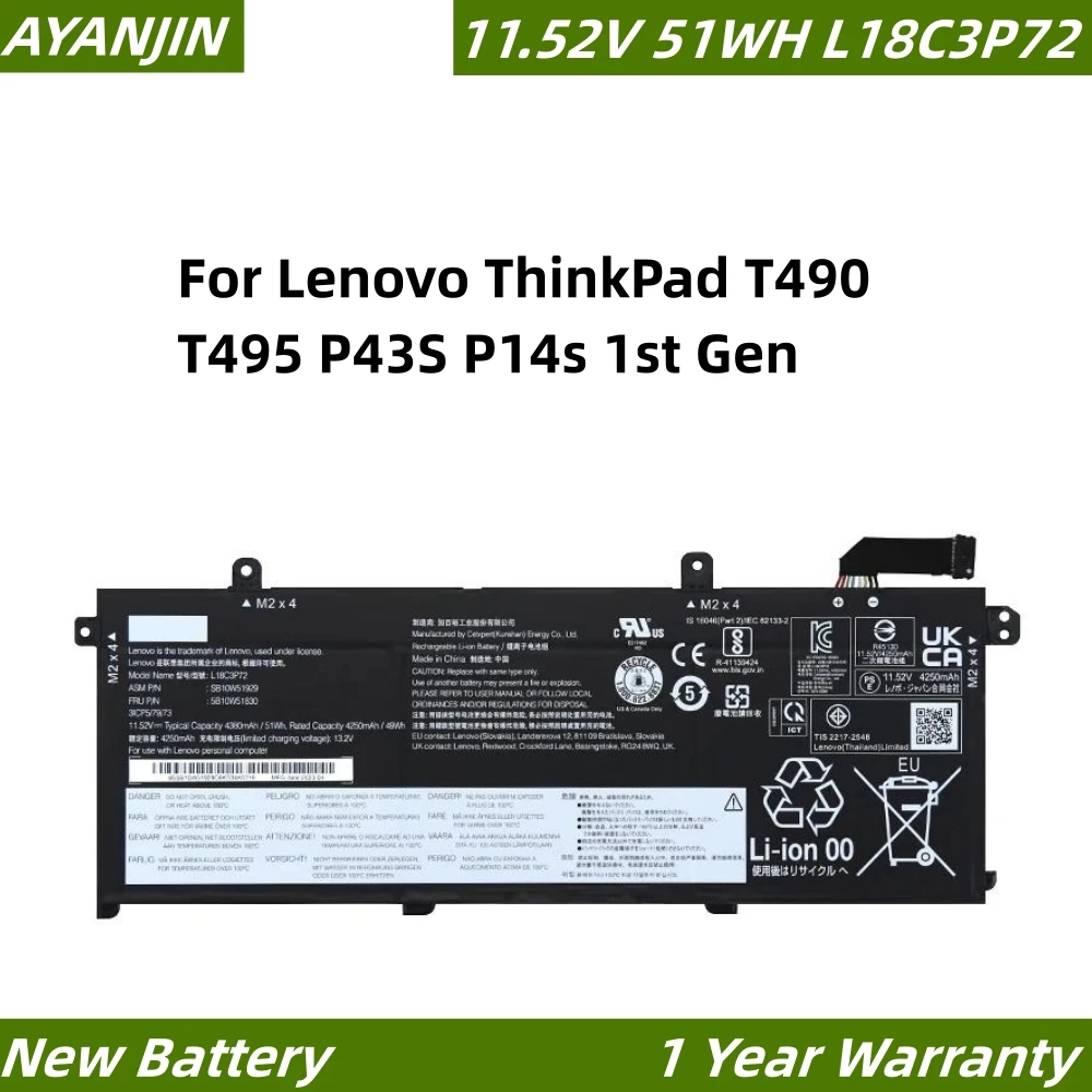 L18C3P72 11.52V 51WH Battery For Lenovo ThinkPad T490 T495 P43S P14s 1st Gen L18C3P71 L18L3P73 L18M3P74 L18M4P73 L18M4P74