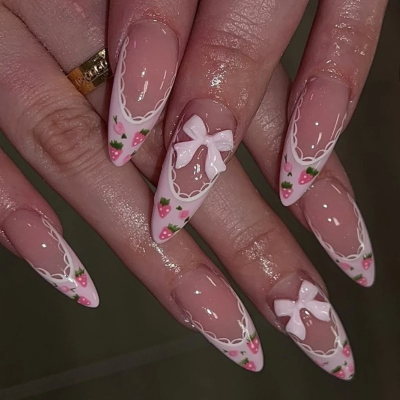 

3D Bowknot Cute Strawberry Rose Lace Edge Pink French Nail Art Wearable False Nail Detachable Finished Fake Nails Press on Nails