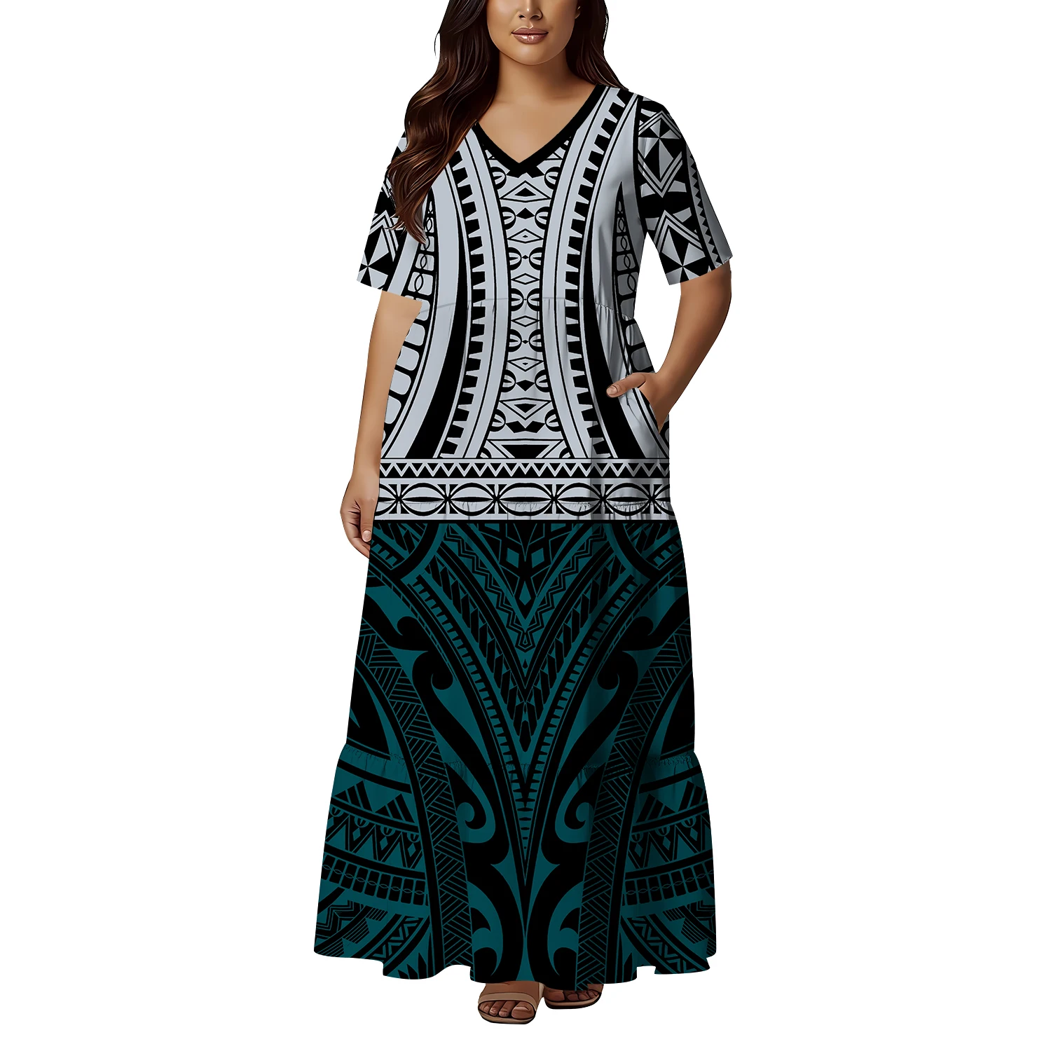 Summer Short-Sleeved V-Neck Hawaiian Island Casual Women'S Wear Polynesian Custom Pocket Design Cinched Waist Loose Dress