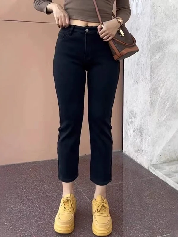 

Женские зимние джинсы с высокой талией, утепленные флисом, прямого кроя, укороченные до щиколотки, для повседневной носки