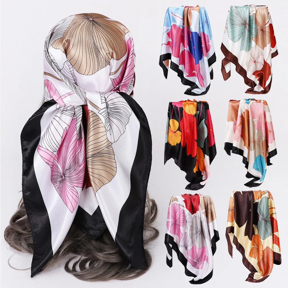 90*90cm Silk Square Scarf Women Luxury Brand Satin Hijab Scarves Female Shawl Print Headwraps Bandana Foulard Muffler Headband