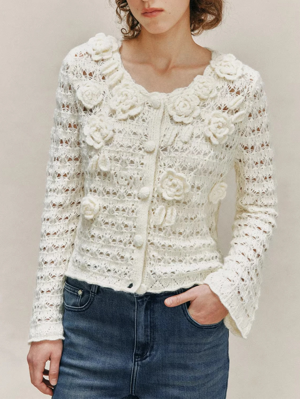 Women’s Crochet Knit Cardigan with 3D Flower Lace Crew Neck Handmade Style Red Vintage Sweater