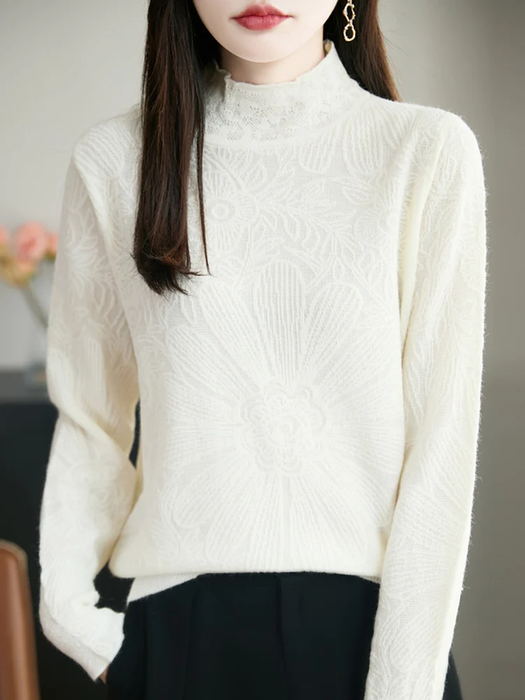 

Ele Lace Base irt 2025 New Spring Autumn Carved Embroidered Inner Knitted Top Women's Semi High Collar Sweater