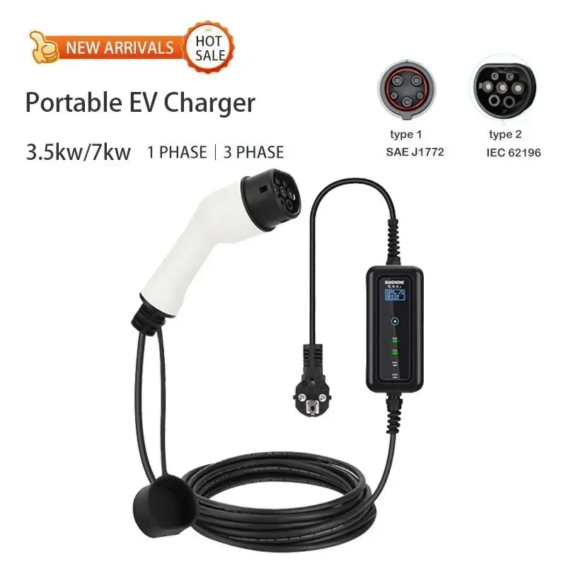 8-32A Current Adjustable 7Kw 3.5kw Level 2 Home Evse Portable Ev Charger Type 2 Iec 62196 Ev Charger Station