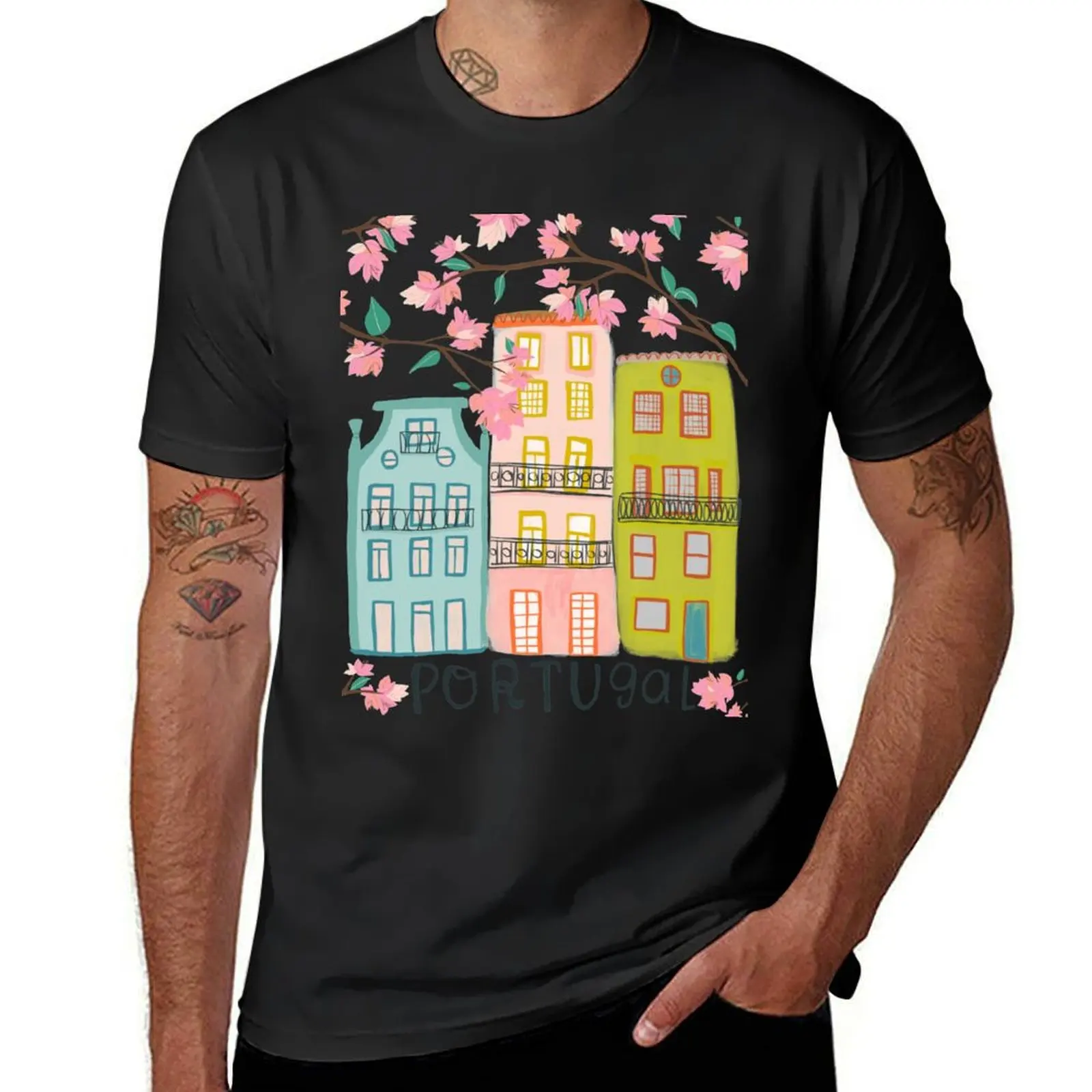 Pretty Portugal houses and flowers T-Shirt new edition anime Blouse Aesthetic clothing plain t shirts men