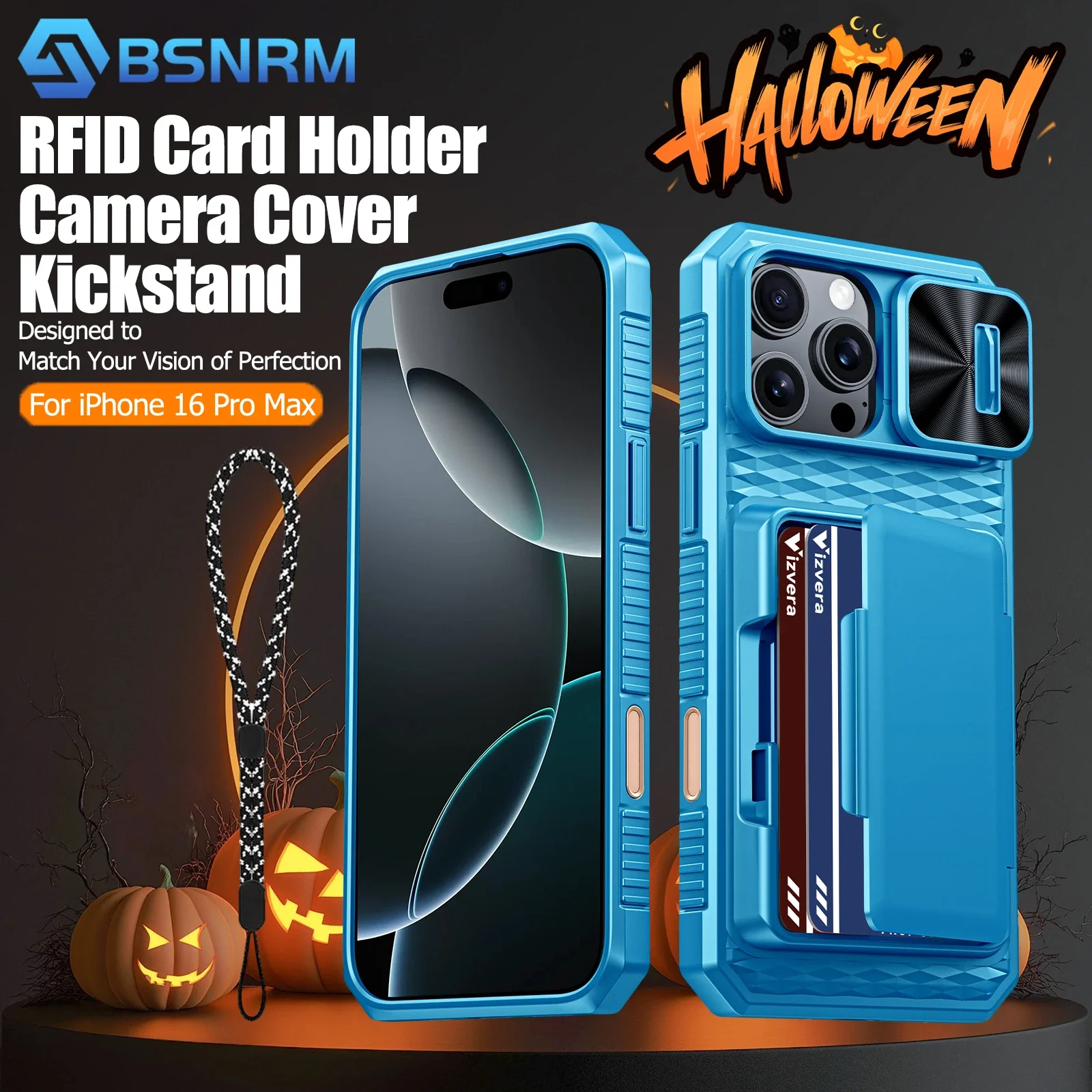 

Подарки на Хэллоуин, держатель RFID-кошелька для карт, чехол для камеры, прочный противоударный защитный чехол для телефона для iPhone 16 Pro Max-голубой