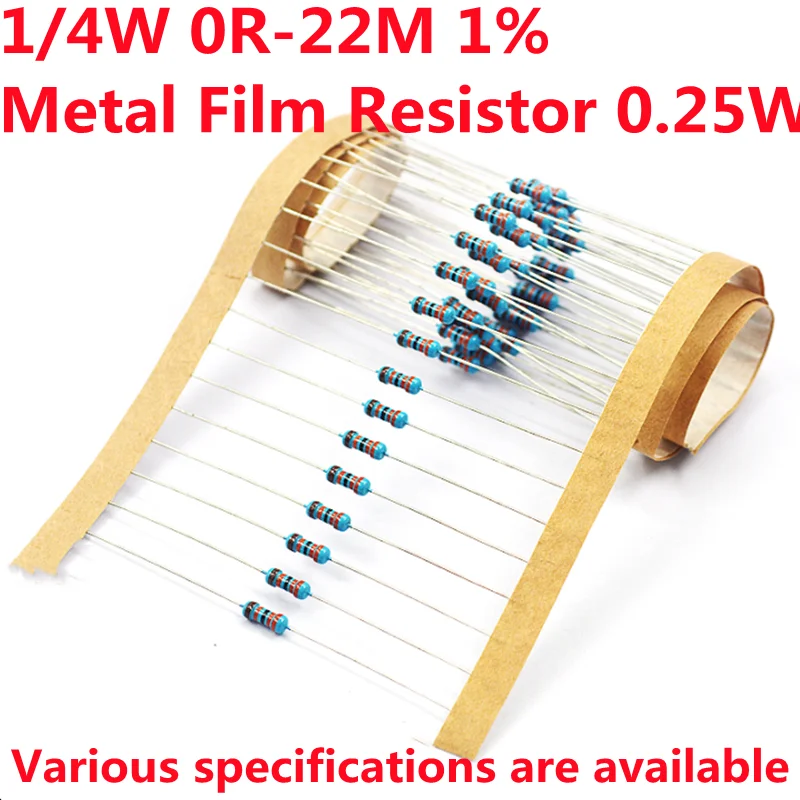 100pcs Metal Film Resistor 1/4W 1%  0R 10R 100R 22R 51R 220R 270R 330R 470R 1K 2.2K 4.7K 10K 100K 470K 1M 10M 20M 0.25W