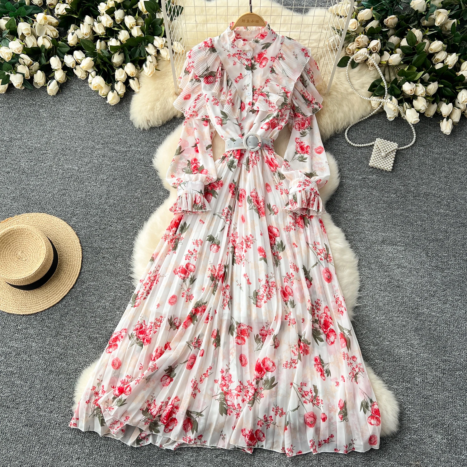 Retro Print chiffon Elegant Dress A-line lool Sleeve  Vacation Party Women summer Spring ruffle PATCHWORK Vestidos dresses