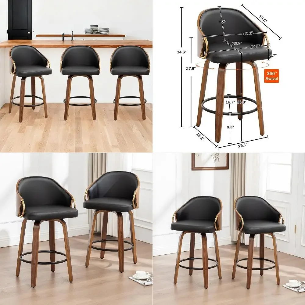 

Swivel Counter Height Bar Stools Set of 3,Black Leather Barstools Mid Century Modern Bar Chairs with Wood Legs and Golden Arms