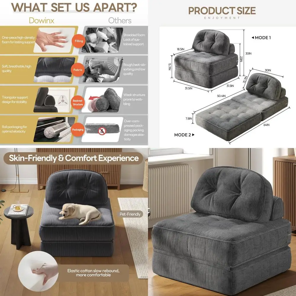 أريكة سرير مخملية مضلعة باللون الرمادي، أريكة مدمجة قابلة للتحويل للبالغين، أثاث مريح للاستراحة والألعاب، تصميم حديث لـ Apar #1