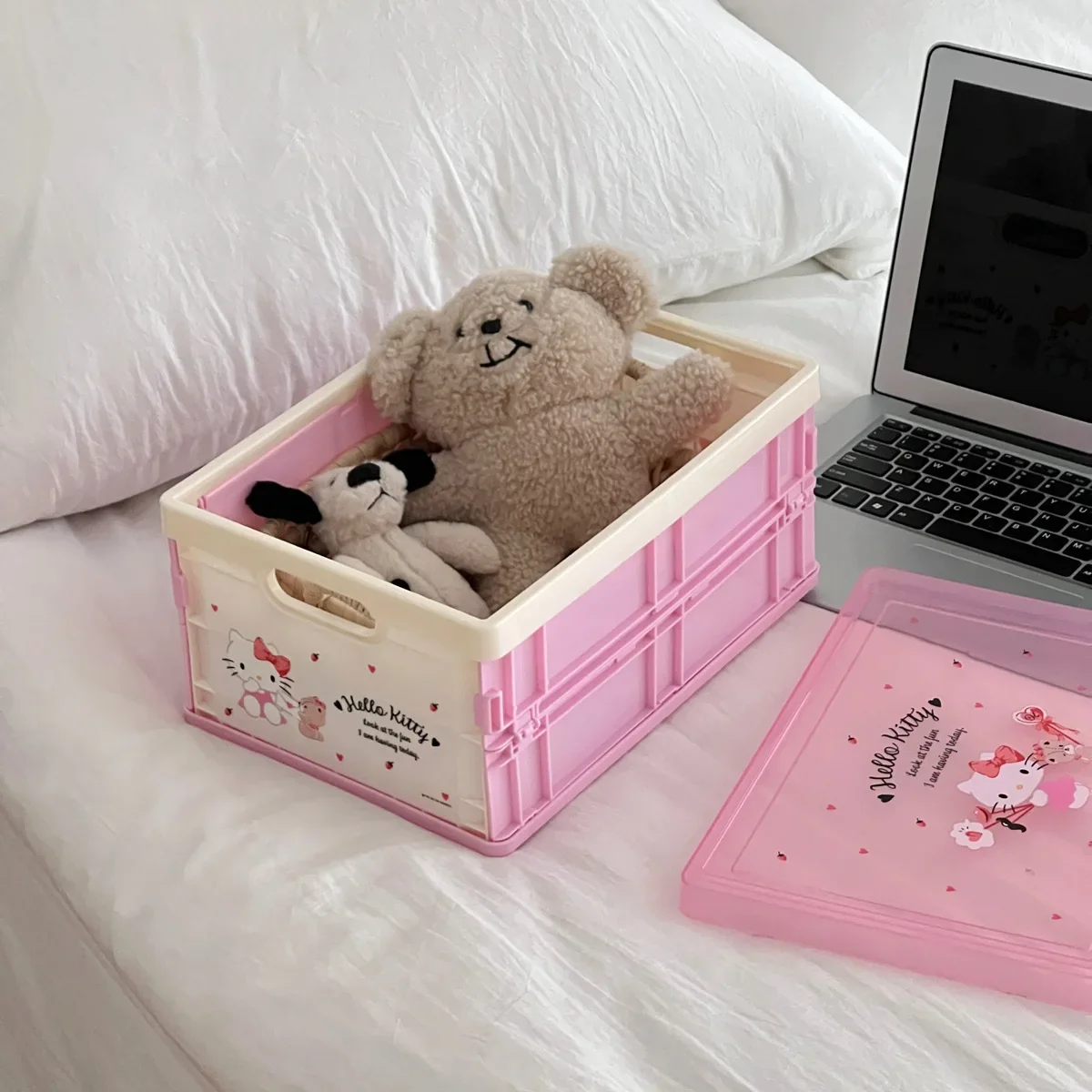 Sanrio Hellokitty Transparent printed cover desktop large stacking storage box bedroom student Folding storage box