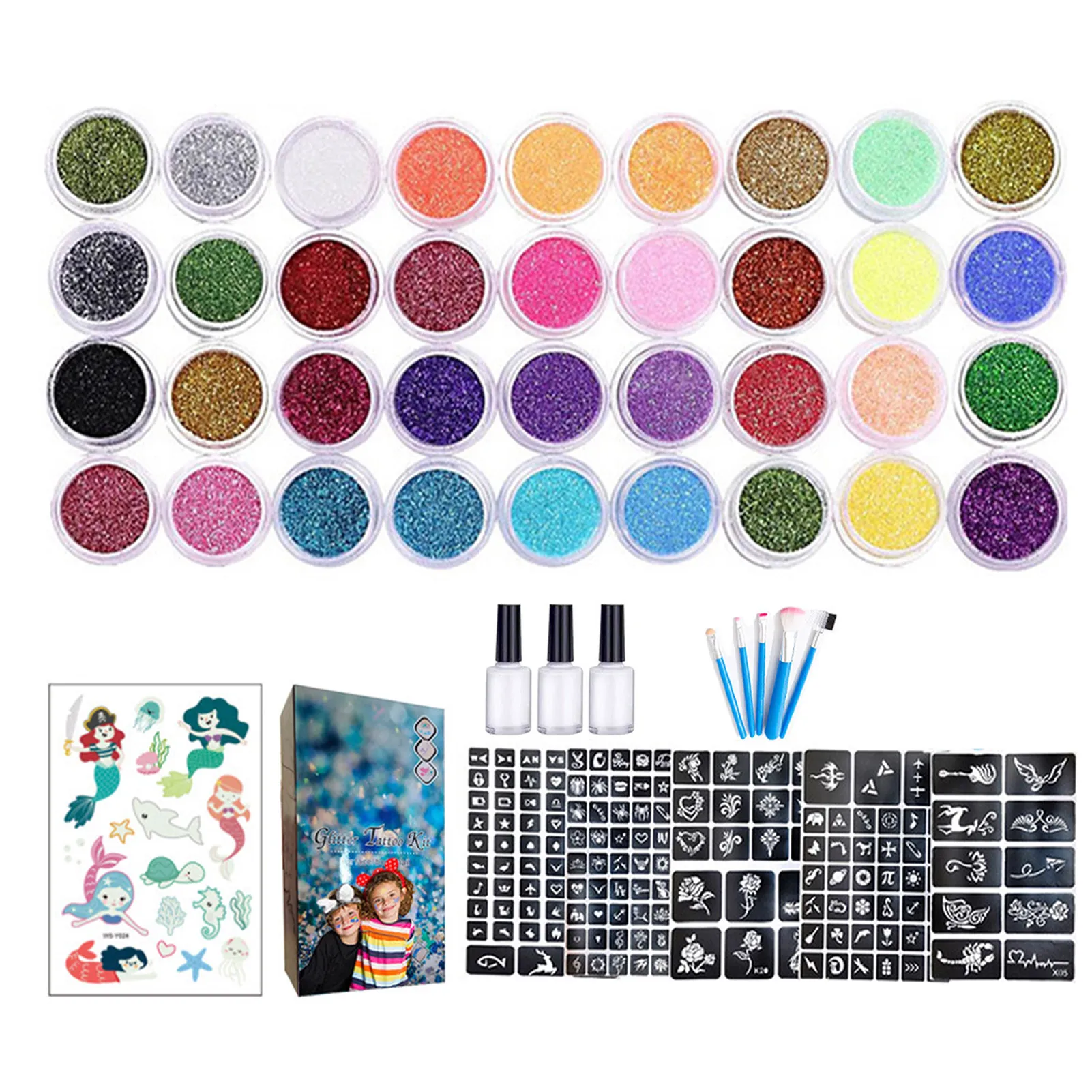 Kit De Tatouage de paillettes Paillettes Tatouages Kit Kit De Tatouage Pour Enfants 36 Couleurs De Paillettes Kit De Tatouage de Paillettes Enfants Tatouage Machine Adultes et