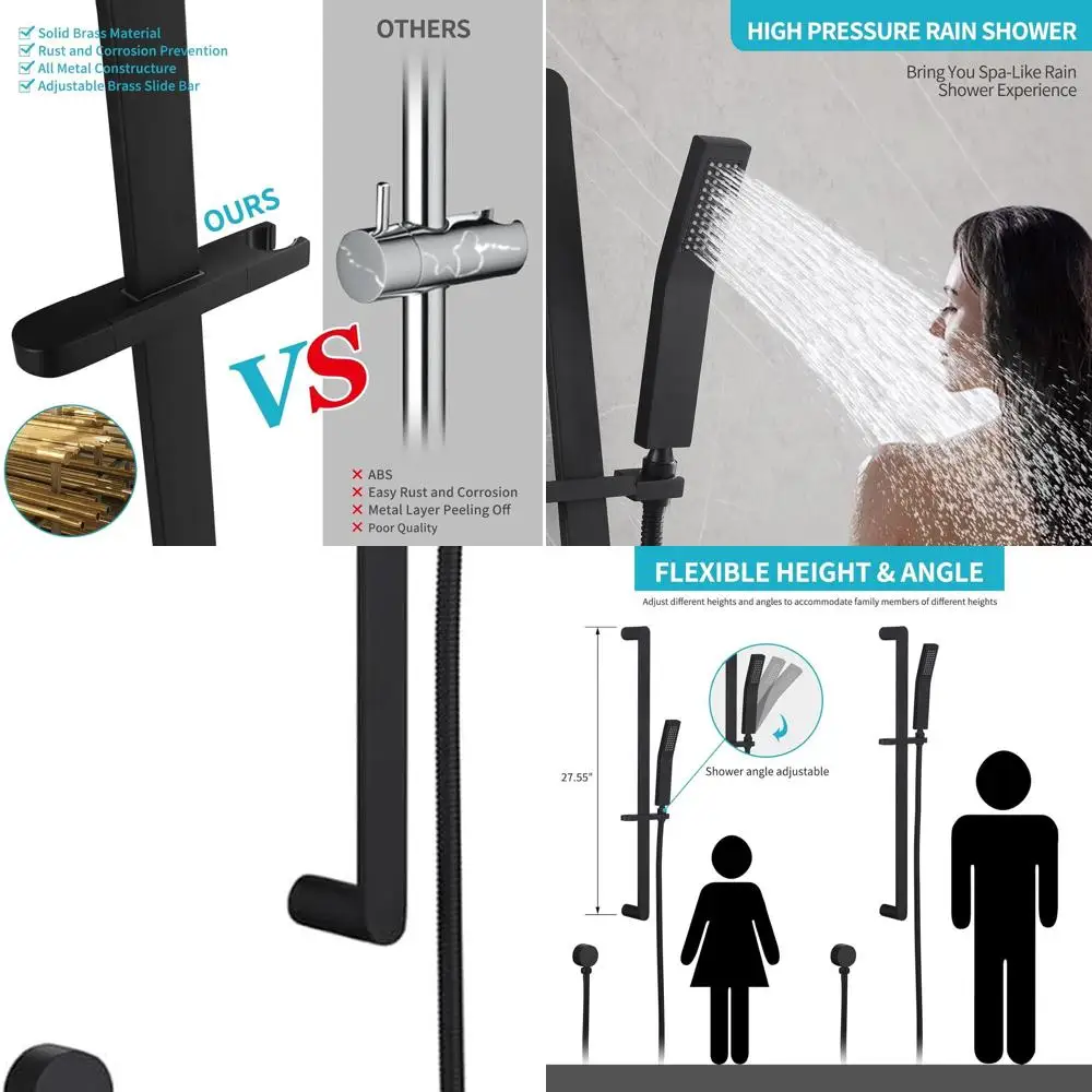 Adjustable Height Matte Black Shower Slide Bar with Handheld Head and 59 Hose