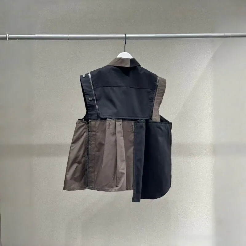 2026 Summer Japanese Fashion Women Lapel Workwear Waistcoat Color Contrast Patchwork Sleeveless Vest Casual Daily Outerwear Tops