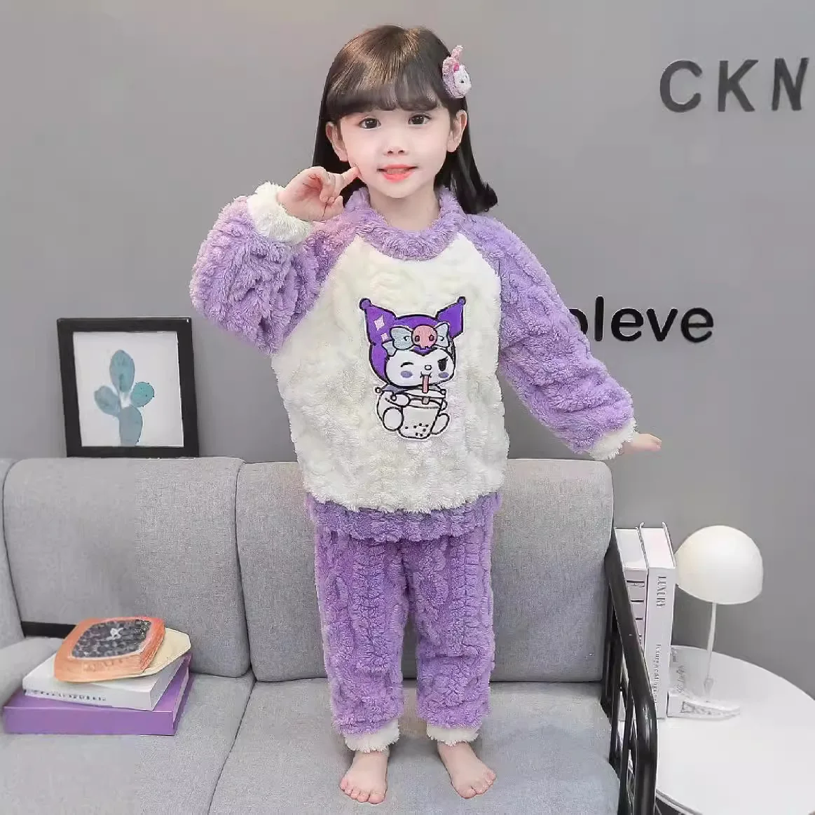 Sanrios Anime Kuromi Kids Plush Pajamas Cute Winter Winter Keep Warm Thickening Nightgown Girl Children Casual Clothes Home Wear