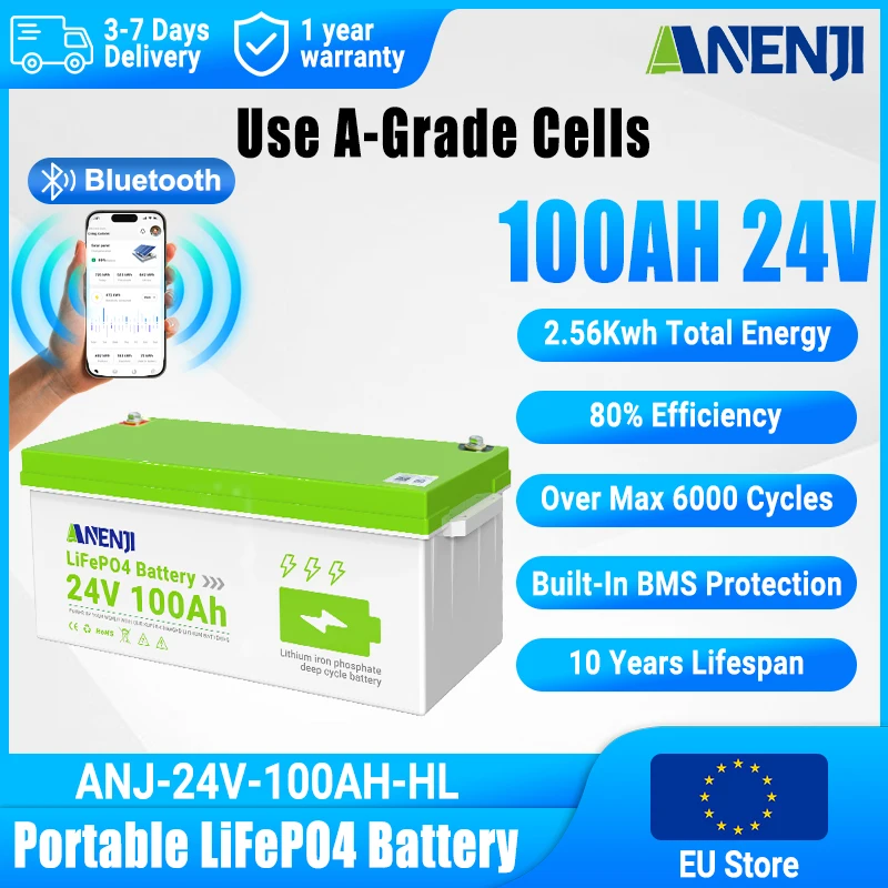 بطارية LiFePO4 25.6 فولت 100 أمبير في الساعة 24 فولت حزمة بطارية ليثيوم قابلة لإعادة الشحن 6000 + دورات مدمجة BMS خلية درجة مع تحكم بلوتوث #1