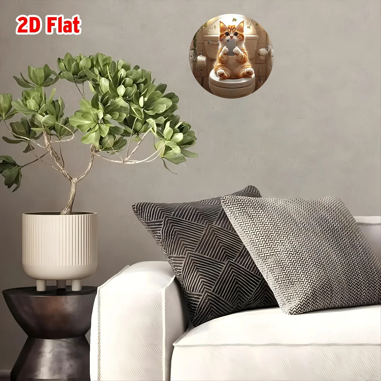 2D Flat - A 2D Flat Design Featuring a Quirky Cat on a Toilet with a Smartphone, Measuring 20.32 Cm, Is a Retro-Style Wall Art P