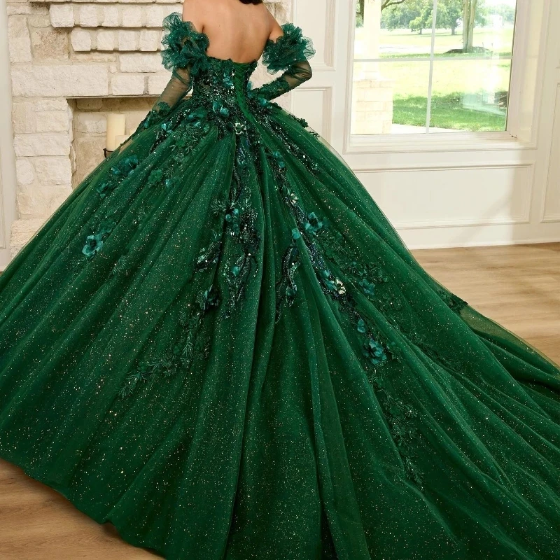 

Charming Green Women Formal Evening Dress Off Shoulder Beading Applique Long Sleeve Prom Party Dress Quinceanera Gown Girl 15 16