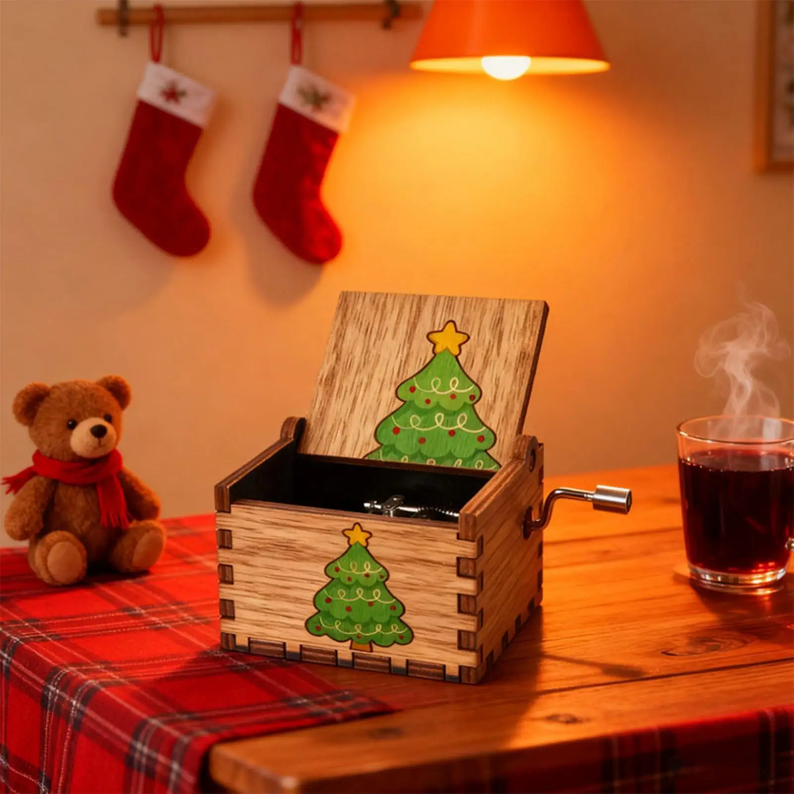 Christmas Music Box Decoration Wood Hand Crank Holiday Decoration Festive Desktop Music Box for Enthusiasts Collectors Home