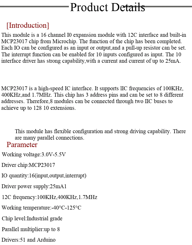 I2C-Schnittstelle 16-Kanal-IO-Erweiterungsmodul IIC Eingangs-/Ausgangserweiterungsplatine MCP23017-E/SS – Detail 2