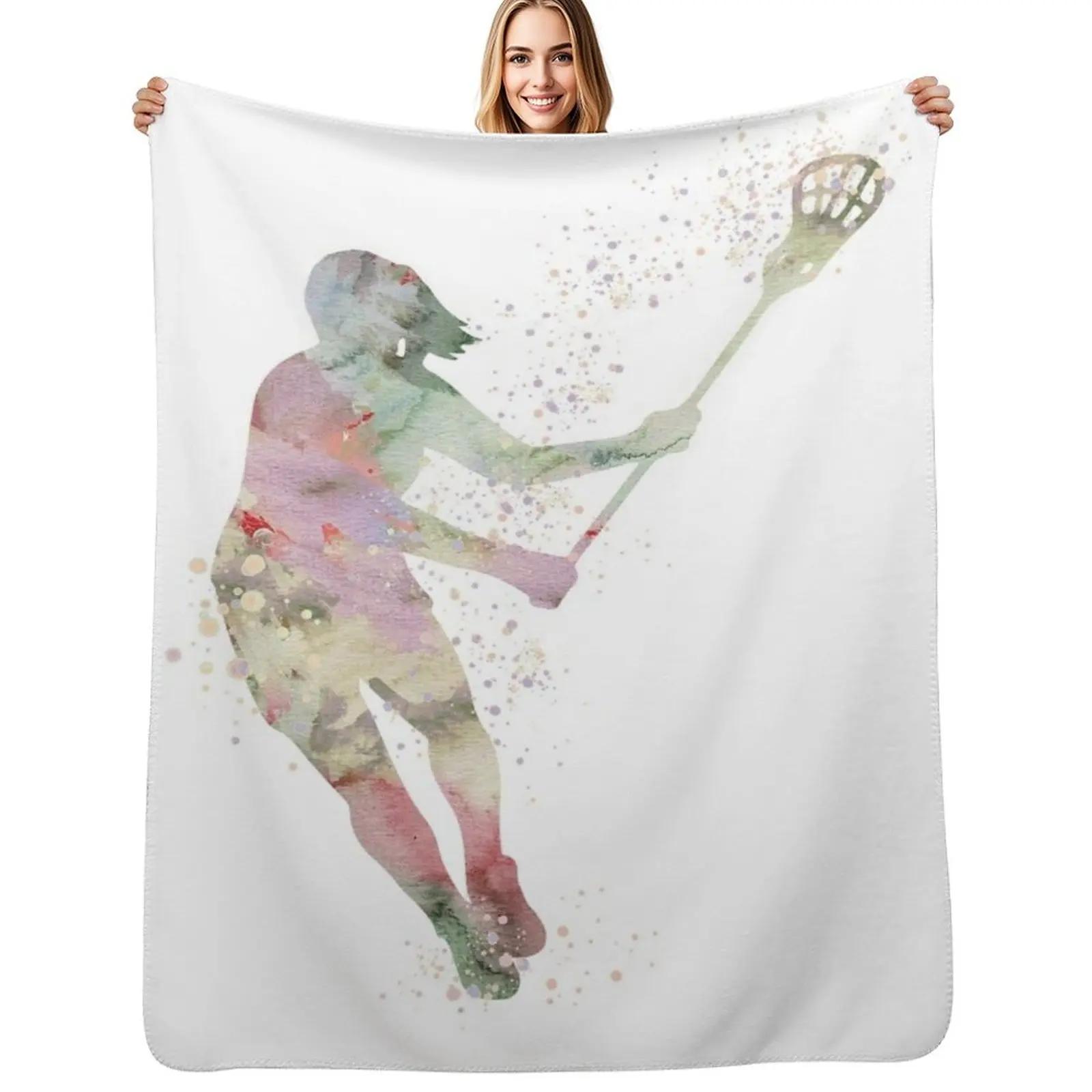 

Girl Lacrosse Player Watercolor Silhouette Sport Gift Throw Blanket Picnic Flannel For Baby Quilt Blankets