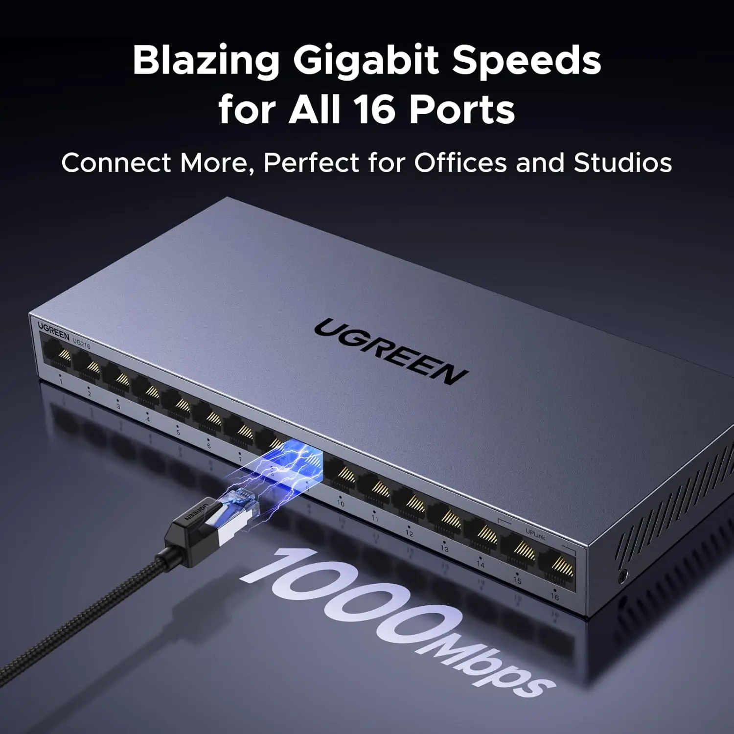 UGREEN 16 Port Gigabit Switch, Plug & Play Ethernt Switch, Standard/VLAN Mode, Unmanaged, Wall Mount Network LAN Splitter