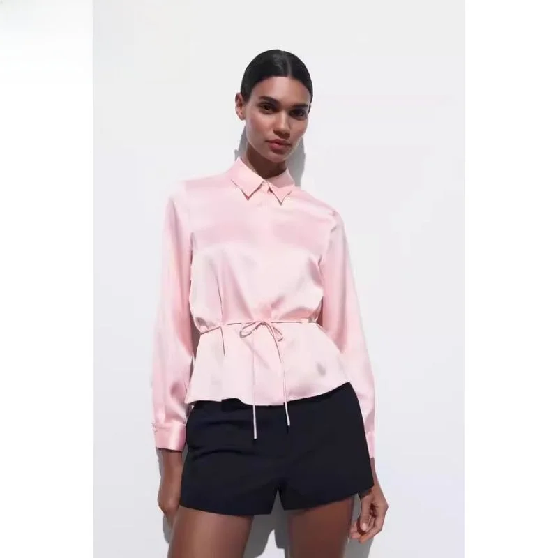 

Silk Satin Feel irt with Waisand Decoration Spring 2024 Women's Faion Loose Fit Long Sve Classic Collar Color
