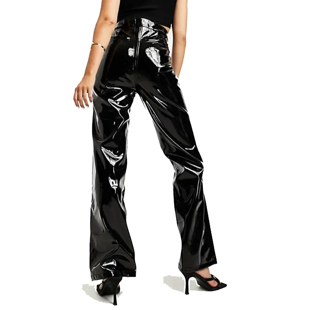 Women High Waist Shiny Faux Leather Straight Pants Ladies Gothic PVC Casual Trousers With Pocket PU Slim Loose Custom Clubwear