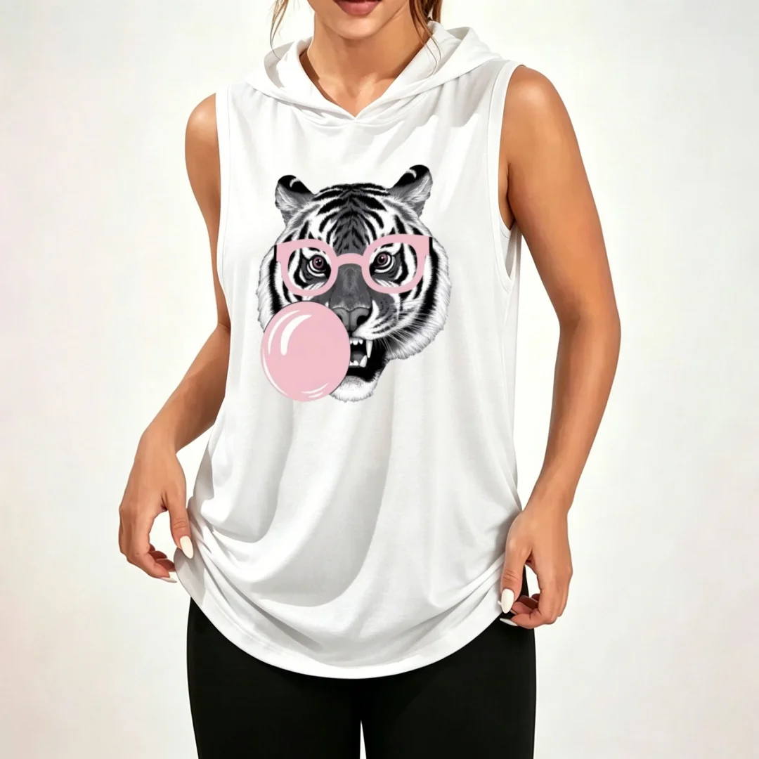 Unisex sleeveless hooded vest featuring a white tiger graphic wearing pink glasses; made of 100% polyester; a loose-fitting, casual athletic top.