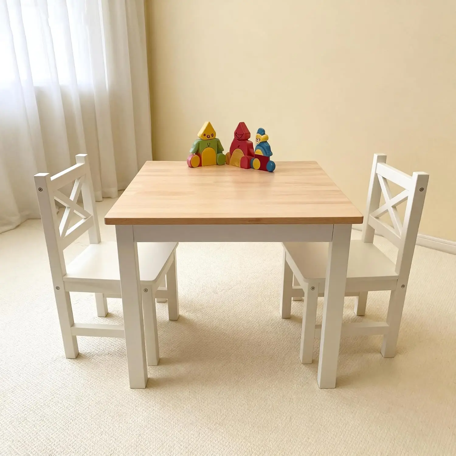 

Solid Wood Kids Table and 2 Chairs Set, Montessori Modern Design for Toddlers Ages 2-8, Serene White Gift
