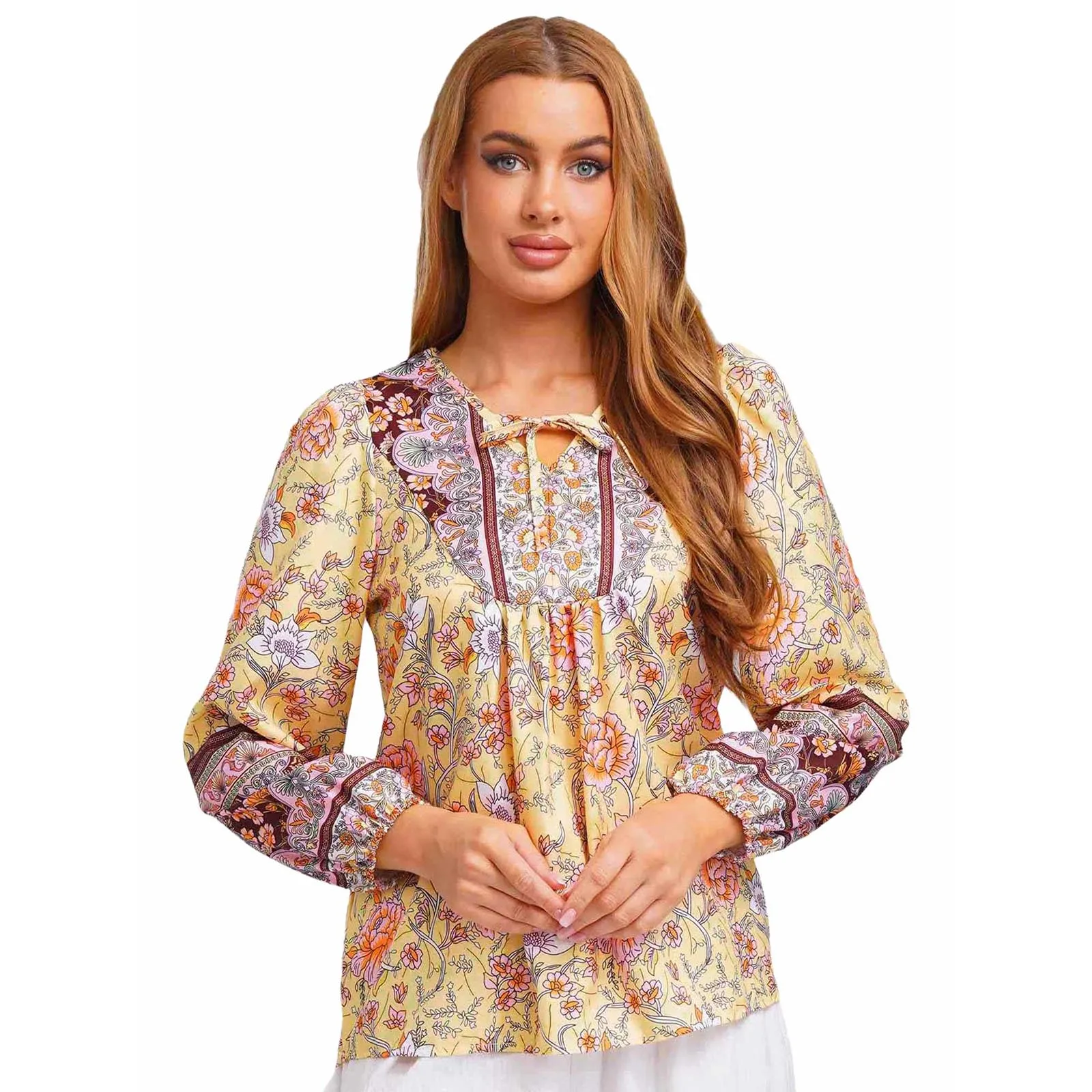المرأة فضفاضة طويلة الأكمام الأزهار بلايز الخامس الرقبة امرأة الصيف بلوزات غير رسمية يؤرخ عطلة الشاطئ بوهو بلوزة بلوزات على الموضة الملابس
