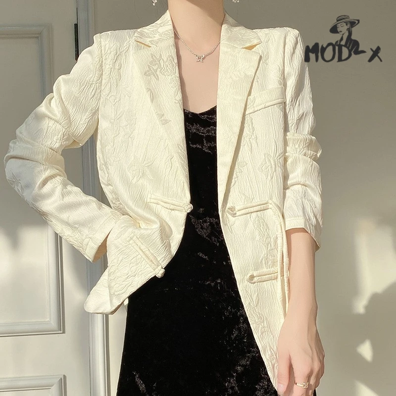 MODX-Chinese Jacquard Texture Suit Jacket Temperament Commuter Style Buckle V-neck Loose Early Spring New Hot 2024