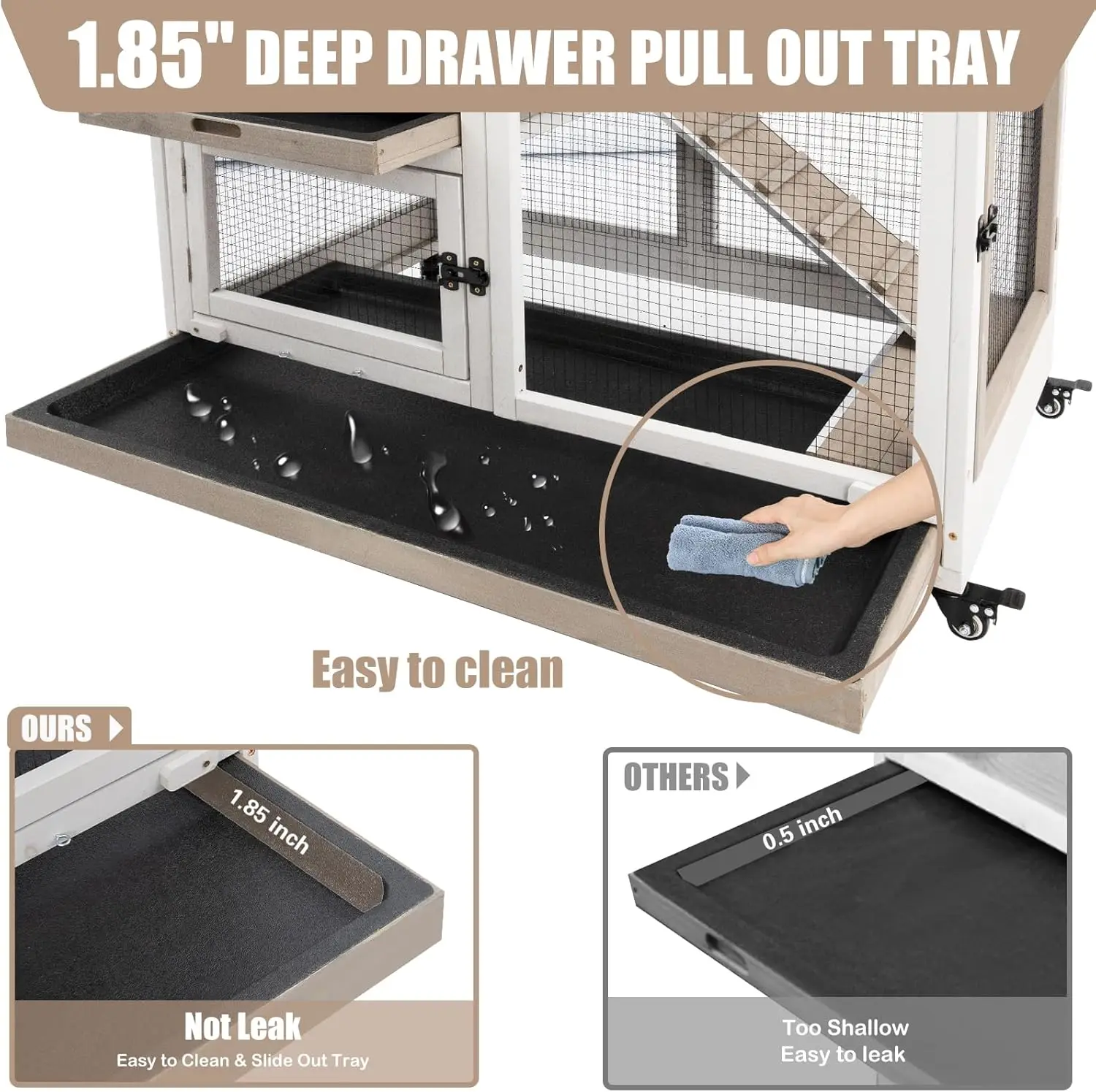 Petscosset 40 "L أرنب القفص داخلي خشبي كبير الأرنب القفص في الهواء الطلق 2 قصة قفص أرنب على 4 عجلات معدنية مع تشغيل و 2 سحب O #3