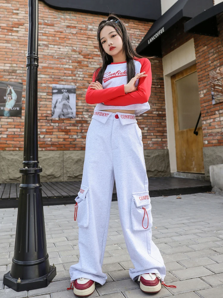 Jazz Dance Clothes Girls Long Sleeve Tops Cargo Pants Hip Hop Street Dance Performance Costume Cheerleading Outfit DL11063