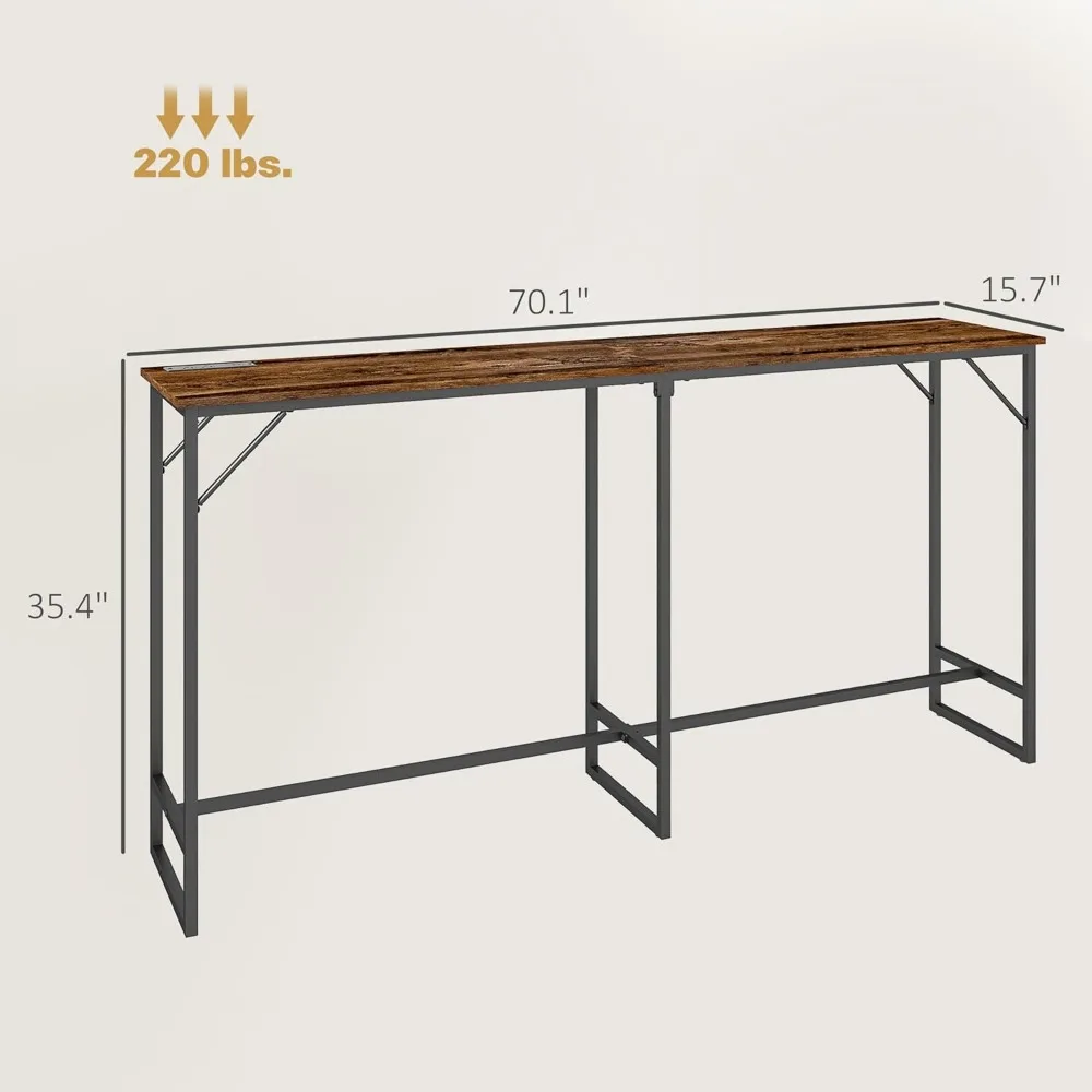 Mesa de comedor de 70" de largo con estación de carga, mesa de bar rectangular de estilo industrial con estructura de acero para comedor, K