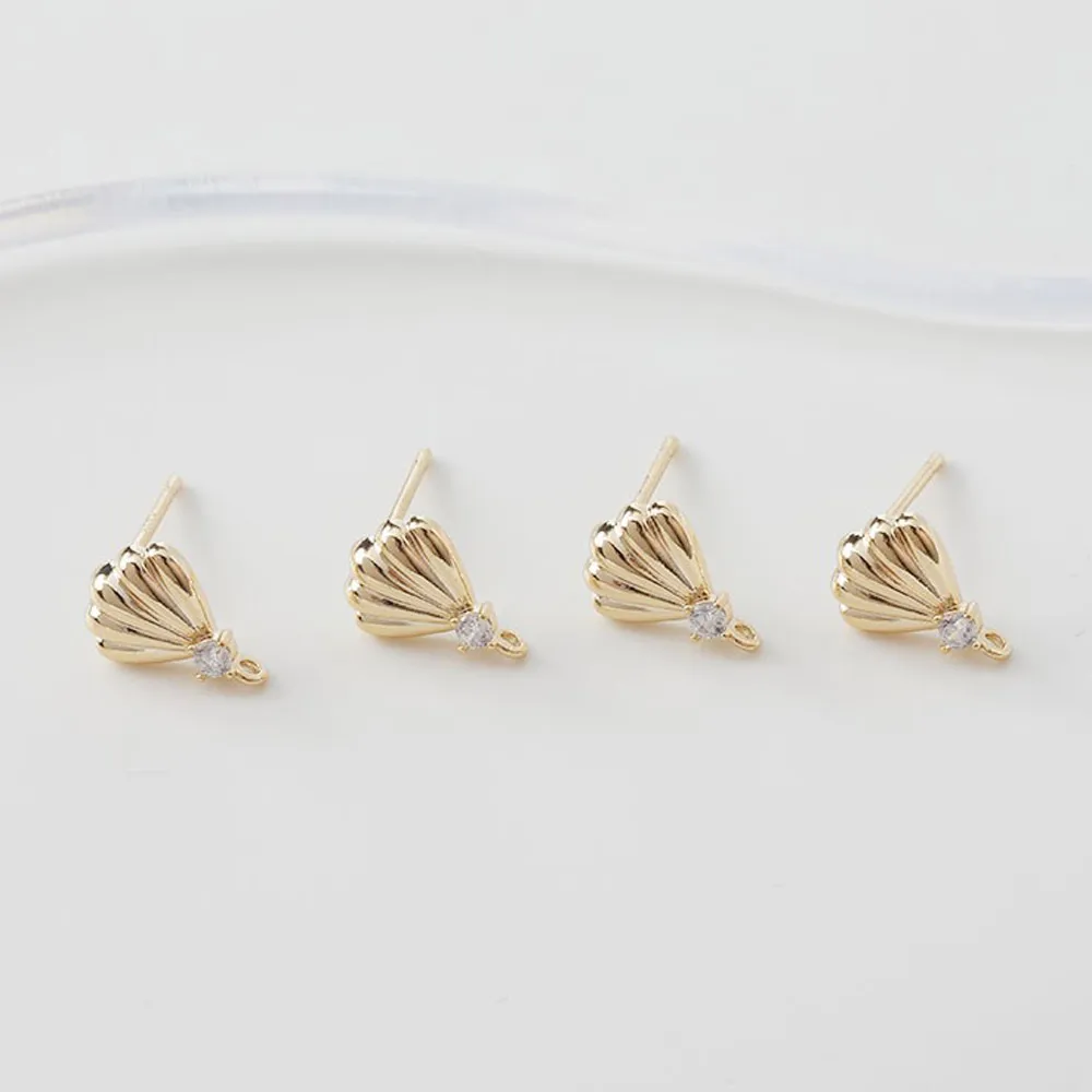 4PCS Ear Studs Shell Shape Zircon Earrings for Jewelry Findings Components DIY Hand Made Brass 14k Gold Plated 7*10mm