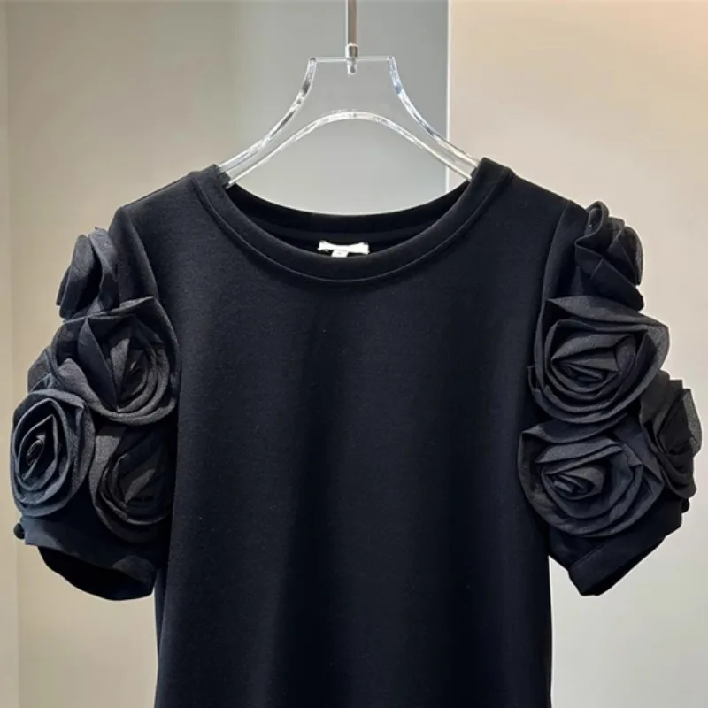 Neploe 2024 Summer New O-neck Tops Women Vintage 3D Flower Short Sleeve T-shirts Y2k Mid-length Loose Black Tee Shirt