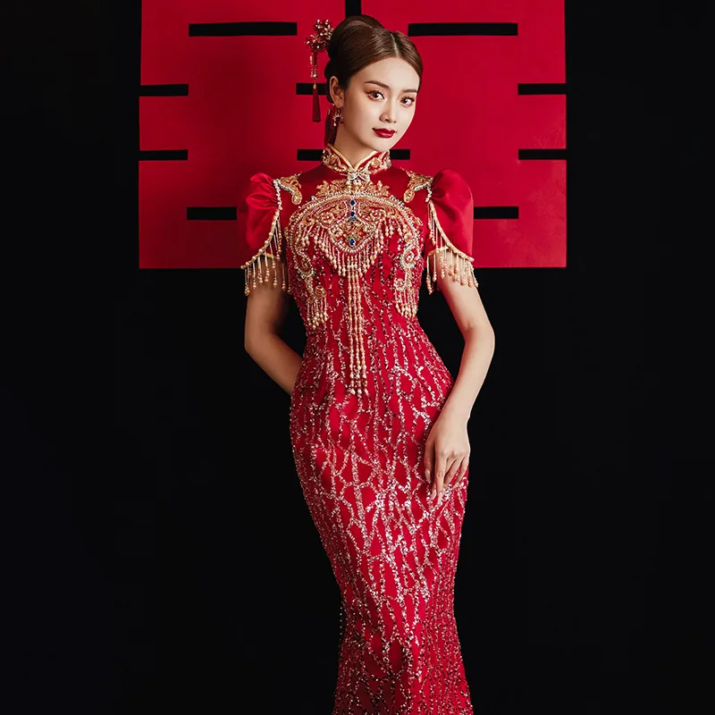 

Big Bow Traditional Chinese Wedding Dresses Women Oriental Standing Collar Beading Qipao Rhinestone Tang Suit China Online Store