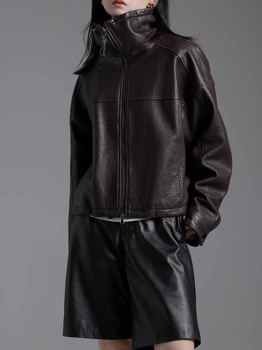 Lautaro Spring Autumn Cool Waterproof Short Brown Pu Leather Jacket Women with Long Raglan Sleeve Zip Up Luxury Designer Clothes