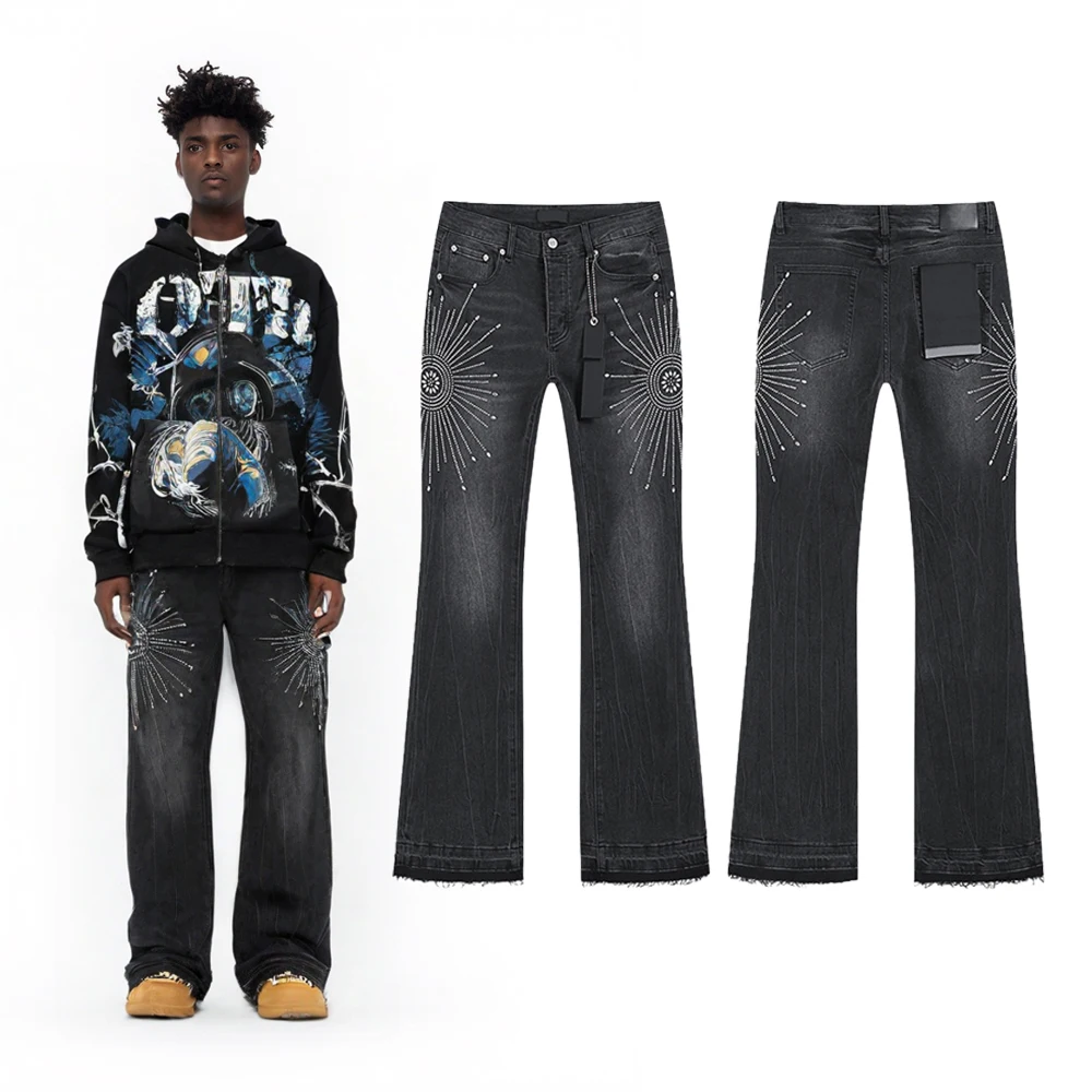 

Новые уличные мешковатые джинсы мужские Y2k со стразами винтажные джинсы в стиле хип-хоп в стиле ретро с рваными повседневными уличными стилями расклешенные джинсы в стиле рок