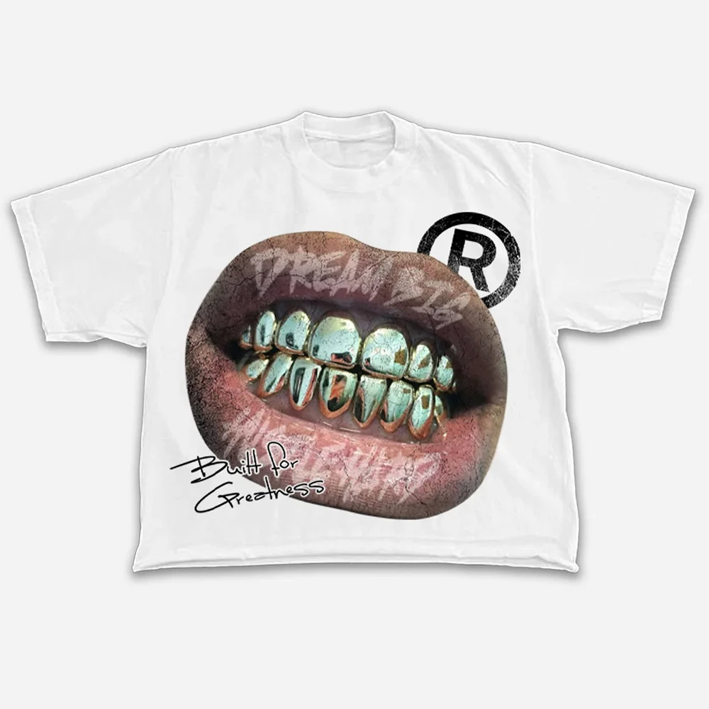 Street Metal Braces Vintage Lips Graphic Cropped T-shirt  Unisex Short-sleeved Retro Street Y2K Casual Fashion Tops Clothing