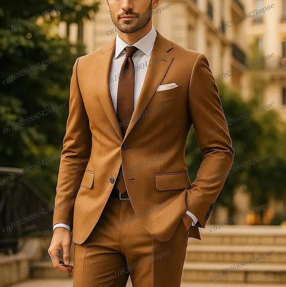 

Новый светло-коричневый мужской деловой костюм для жениха, жениха, свадебной вечеринки, выпускного вечера, мужской деловой костюм, комплект из 2 предметов, блейзер, брюки