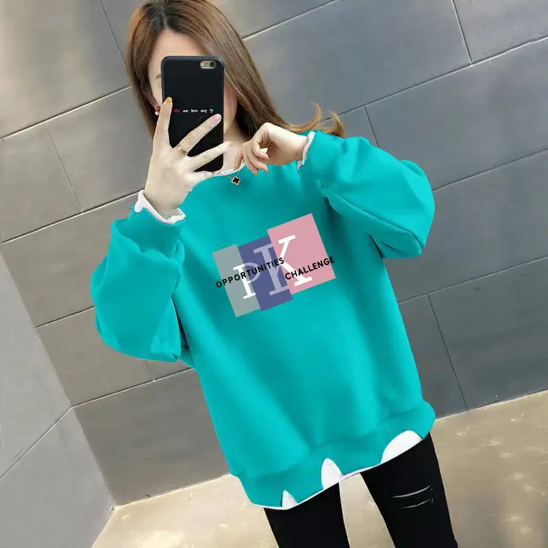 

Fashion Loose Printed Hole Fake Two Pieces Sweatshirts Female Clothing 2023 Autumn Winter Casual Pullovers Irregular Sweatshirts