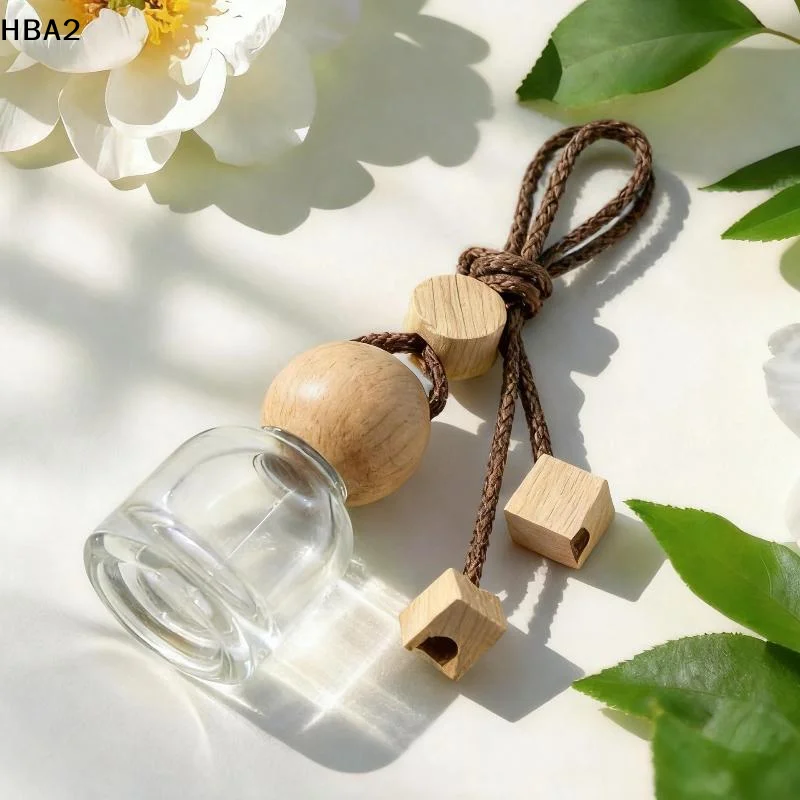【H】1Pc Perfume Glass Bottle Empty Car Air Freshener Pendant With Wooden Caps Refillable Car Essential Oil Diffuser Bottle