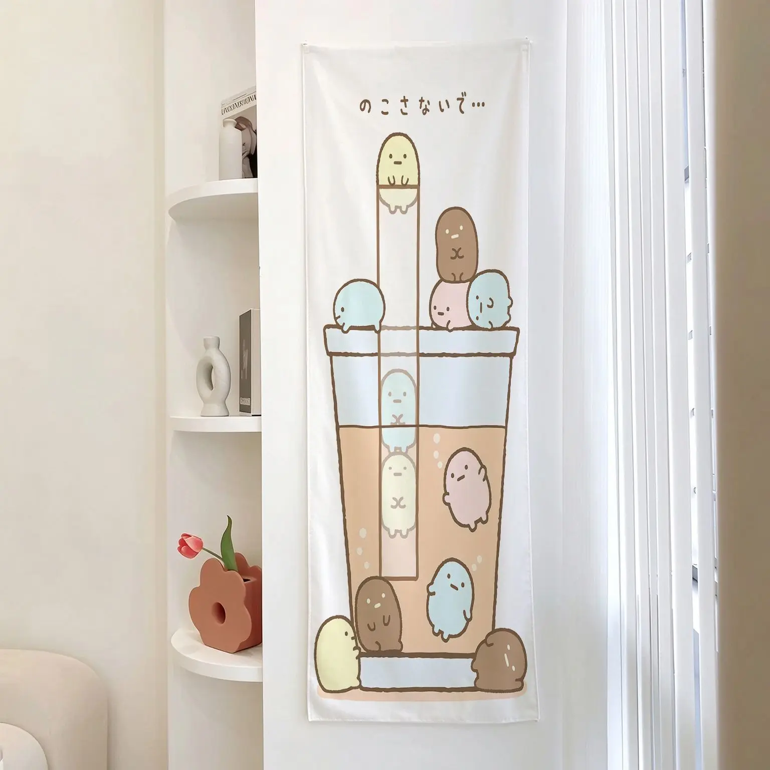 Vintage Sumikko Gurashi Long Tapestry, Cute Wall Hanging Background Cloth, Aesthetic Wall Decor for Bedroom Dormitory Rental Roo