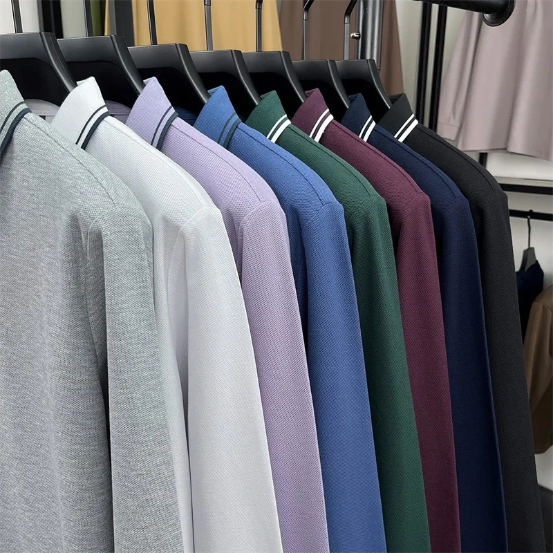 

Men's 100% Cotton Long-Sleeve Polo Shirt - Light Purple Soft Knit Breathable Business Casual Hexagon Pique Texture