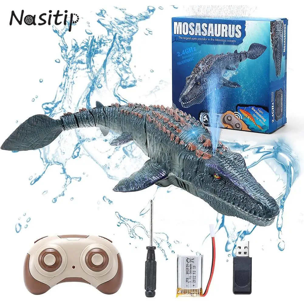 2.4G Remote Control Dinosaur Kid Mosasaurus Diving Toy Rc Boat With Light Spray Water For Swimming Pool Bathroom Ocean Bath Toys