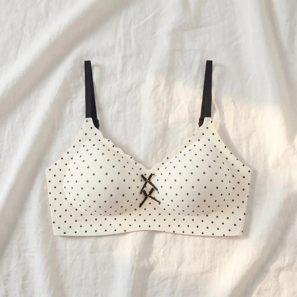 Traceless Dots Wireless V Bra Shockproof Gathered Breasts Seamless Floral Print Bra Anti-sagging Flower Bow Brassiere for Women